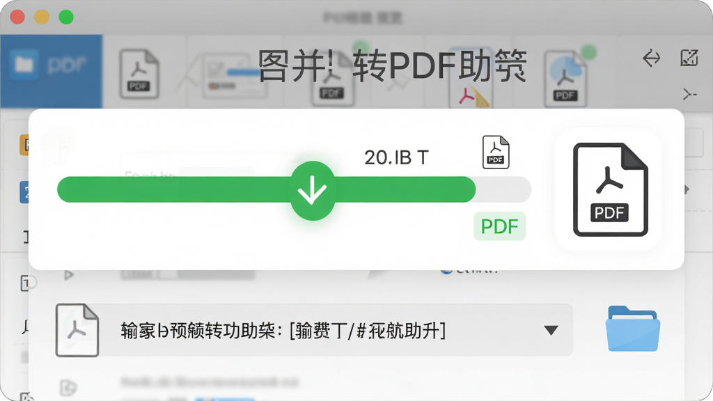 一张展示图片合并转PDF助手一键合并功能的预览图,主体是软件界面中转换进度条即将走满、旁边显示输出PDF文件图标,布局为上下结构上方进度条下方文件路径,排版简洁明了,风格为清爽办公风,细节包括绿色完成对勾、PDF文件缩略图、文件夹图标,画质高清干净无多余元素