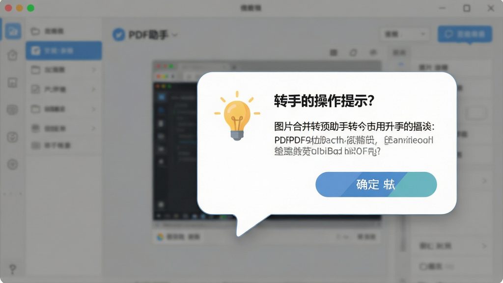 一张展示图片合并转PDF助手新手操作提示的预览图,主体是软件界面中弹出帮助提示框,布局为提示框位于界面中央偏右,排版采用气泡对话框形式,风格为友好亲切的扁平风,细节包括灯泡图标、文字提示行、确定按钮,画质高清干净无多余元素