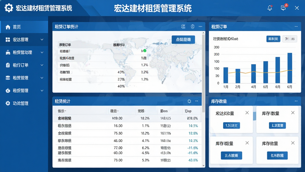 宏达建材租赁管理系统主界面截图,画面中央展示软件仪表盘,左侧为功能导航菜单,右侧显示租赁订单统计图表和库存数量卡片,顶部有软件名称“宏达建材租赁管理系统”字样,整体采用蓝色商务风格,布局清晰,排版整齐,细节包含数据表格和按钮图标,画质高清,干净无多余元素