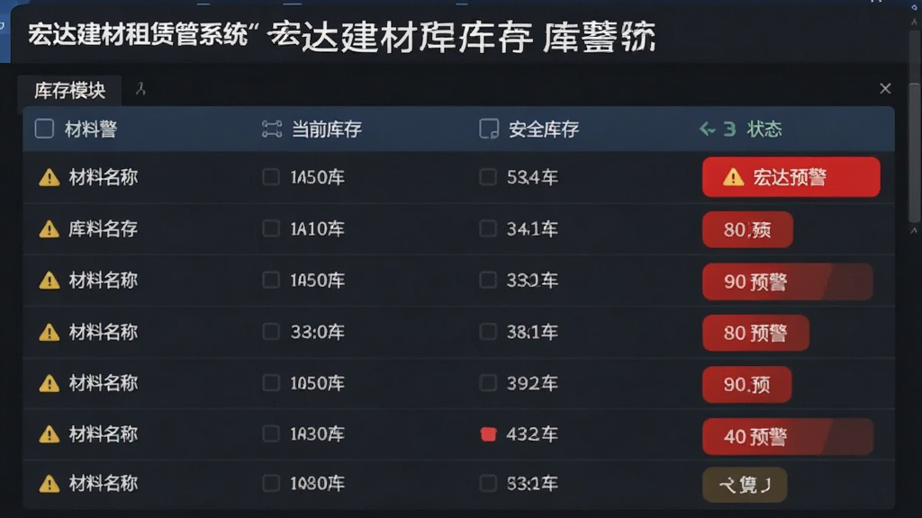 宏达建材租赁管理系统库存预警模块,画面展示库存列表与红色预警标识,包含材料名称、当前库存、安全库存、状态等列,界面风格清爽,布局规整,细节有警示图标,画质清晰,图中文字“宏达建材租赁管理系统”