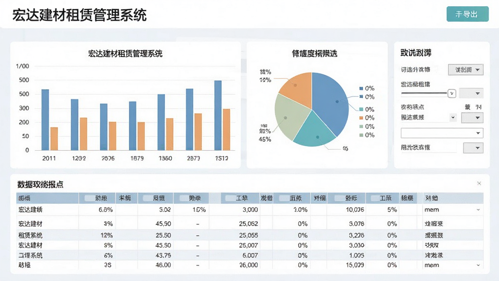 宏达建材租赁管理系统数据报表中心,画面以图表和表格组合呈现,包含柱状图、饼图以及明细数据表,配色柔和,排版专业,细节有导出按钮和筛选条件,画质高清,干净无杂乱元素,图中文字“宏达建材租赁管理系统”