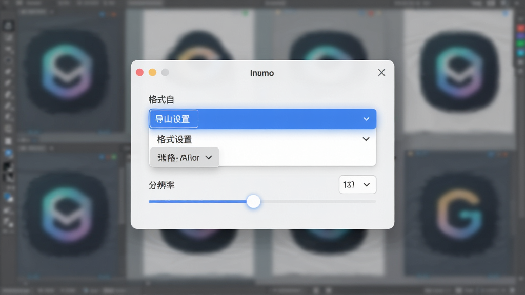 软件名称logo设计软件,主体为导出设置窗口界面,画面中显示格式选择下拉菜单与分辨率设置滑块,背景为模糊的logo预览图。布局为弹窗居中,排版简洁。风格为现代简约UI风格,细节上按钮有微光效果,文字清晰。画质为高清,干净无多余元素。