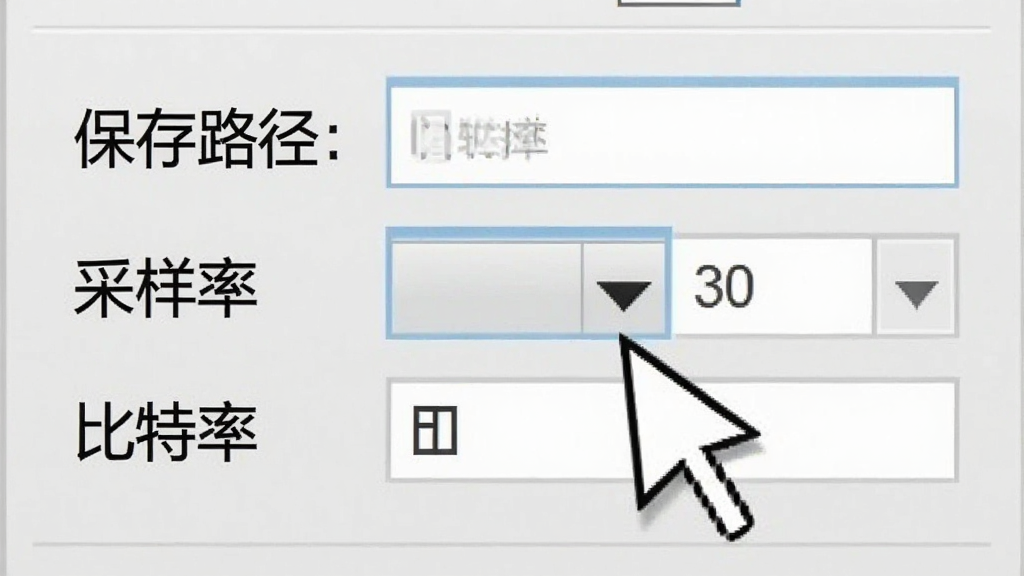 闪电电脑录音软件设置面板的局部特写,展示“保存路径”“采样率”“比特率”三个选项,界面为浅灰色背景,文字清晰,风格为教程类截图,细节包含鼠标点击下拉箭头的动作示意,画质清晰,干净,无多余元素