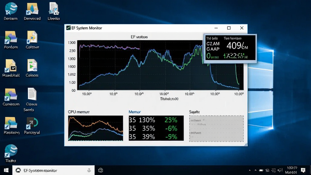 EF System Monitor软件在Windows桌面上的运行截图,主体为监控窗口与任务栏图标,布局上窗口居中、周围显示桌面图标,排版自然,风格真实截图感,细节包括CPU曲线图、内存百分比、网络速度小浮窗,画质清晰,干净,无多余元素