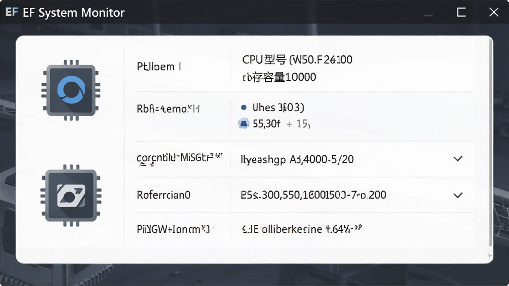 EF System Monitor软件的系统信息总览面板,主体为一张信息列表卡片,布局上左侧为硬件图标、右侧为对应参数文字,排版清晰分栏,风格简约商务,细节包括CPU型号、内存容量、操作系统版本、显卡名称等文字信息,画质高清,干净,无多余元素