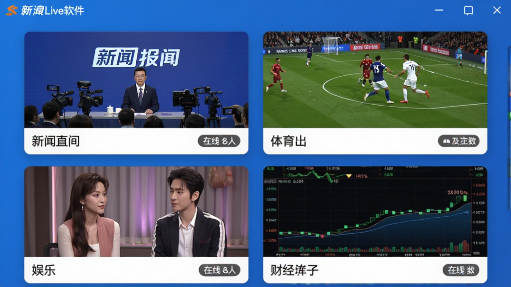 新浪Live软件界面中展示多个直播频道卡片式排列,新闻直播间显示发布会现场,体育直播间播放足球比赛,娱乐直播间有明星访谈画面,财经直播间展示股市行情图表,卡片带有频道名称和在线人数标识,整体采用蓝色调,布局整齐,画质清晰,干净无多余元素