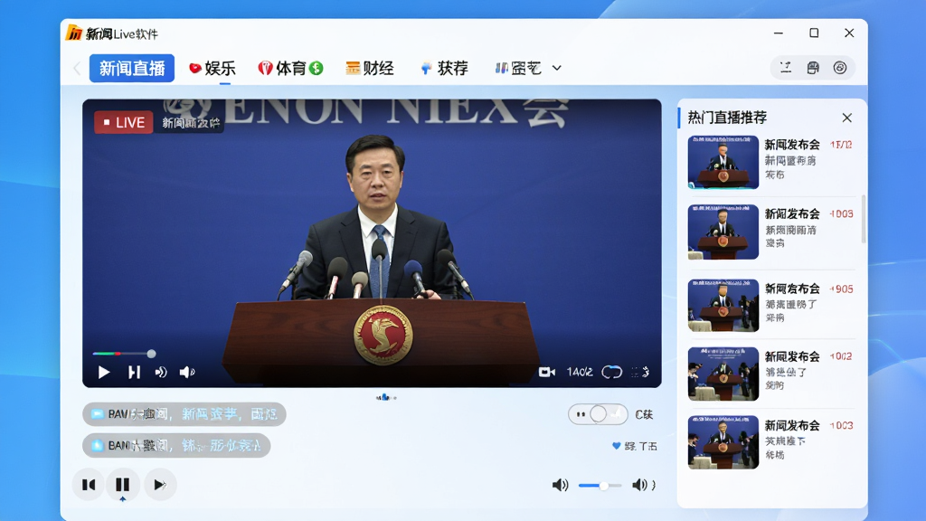画面中央是新浪Live软件的电脑端主界面,界面整体采用白色与蓝色渐变风格,顶部导航栏清晰展示新闻直播、娱乐、体育、财经等频道入口,主播放区域正在播放一场新闻发布会的直播画面,画面下方是实时滚动的弹幕互动区,右侧侧边栏显示热门直播推荐列表,整体布局简洁有序,风格现代科技感,细节上包含播放控制按钮、清晰度切换、音量调节等控件,画质高清,界面干净,无多余元素