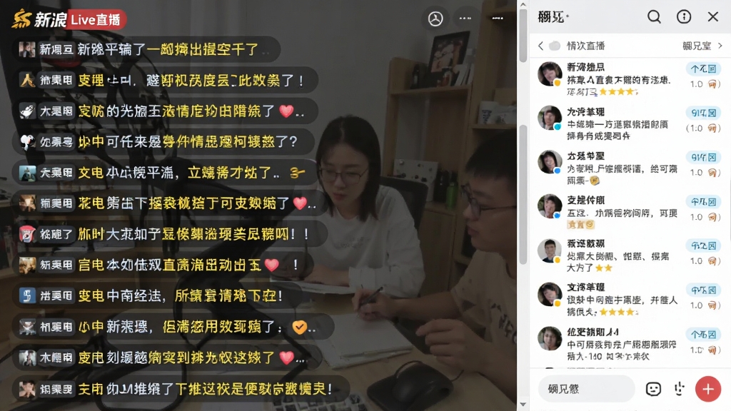 新浪Live直播画面下方展示密集的弹幕评论,弹幕以白色和黄色字体从右向左滚动,内容包含用户昵称和简短评论,画面右侧是聊天室面板,显示多条用户发言记录,整体界面布局清晰,风格活泼,画质干净,无多余元素