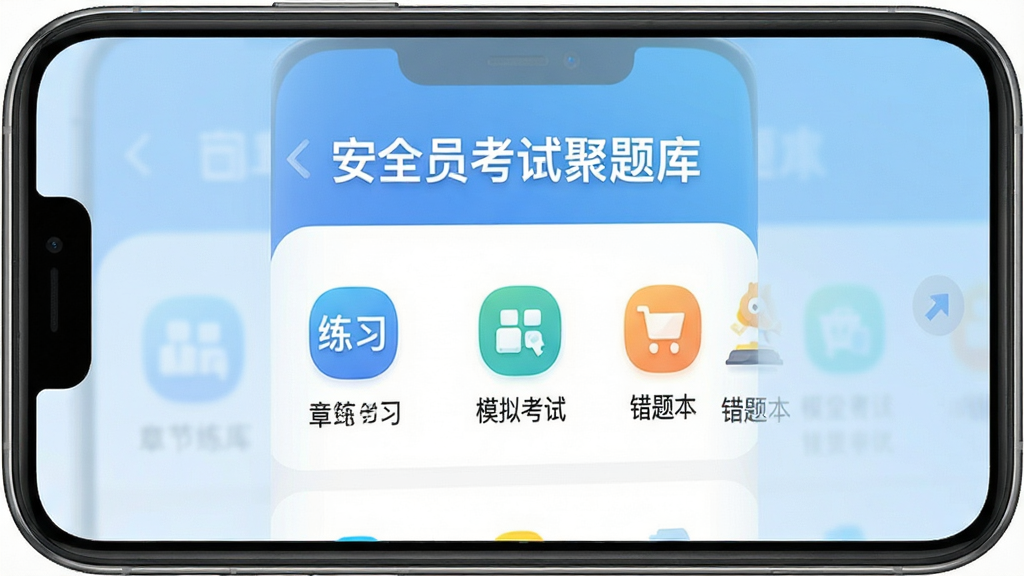 安全员考试聚题库手机应用主界面展示,画面中央是一部智能手机,屏幕上显示题库练习界面,顶部有