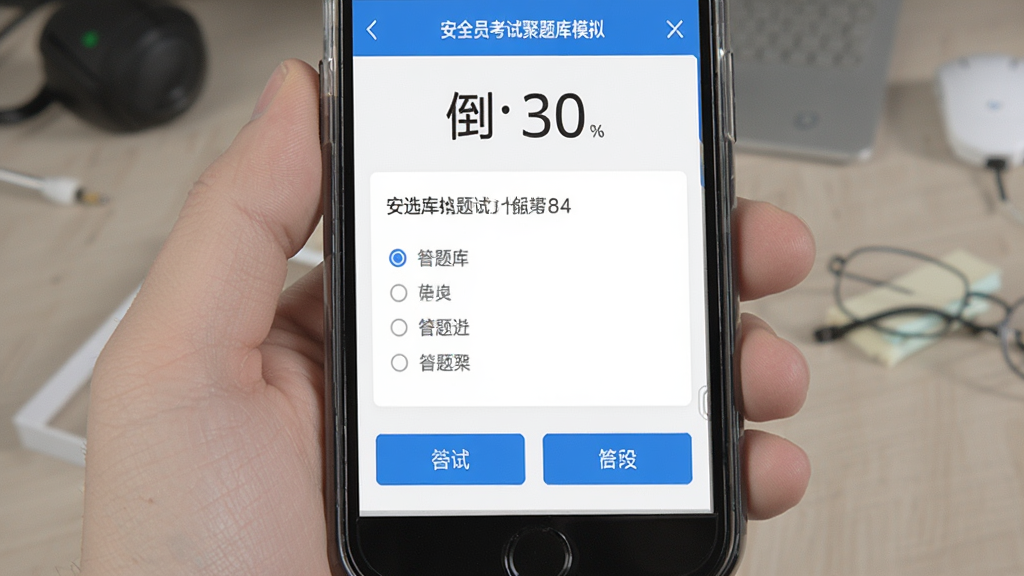 安全员考试聚题库模拟考试界面,手机屏幕显示考试倒计时和答题卡,题目为单选题,下方有选项按钮,界面配色为蓝白色调,布局规整,风格专业简洁,画质清晰,无多余元素