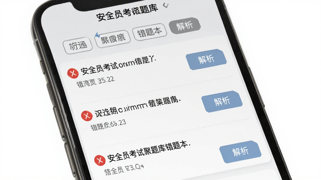 安全员考试聚题库错题本界面,手机屏幕显示错题列表,每道题带有红色错误标记和解析按钮,背景为浅灰色,顶部有筛选标签,整体布局清晰,风格简洁实用,画质干净,无多余元素