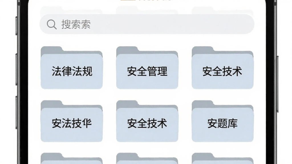 安全员考试聚题库题库分类界面,手机屏幕显示多个题库分类文件夹,分别标注