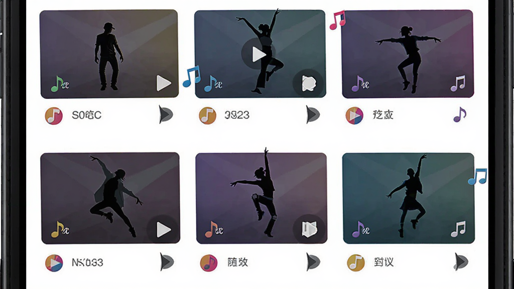 画面主体为手机屏幕中展示多个舞蹈视频缩略图,布局采用网格排列,每个缩略图内是不同风格的舞蹈剪影,排版整齐,风格为现代扁平化设计,细节包括彩色音符图标、播放按钮、分类标签,画质高清,干净,无多余元素