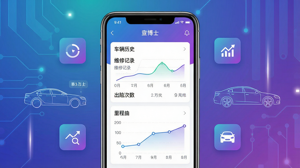 一张展示手机应用界面的科技风格图片,画面中央是一部竖屏智能手机,屏幕显示