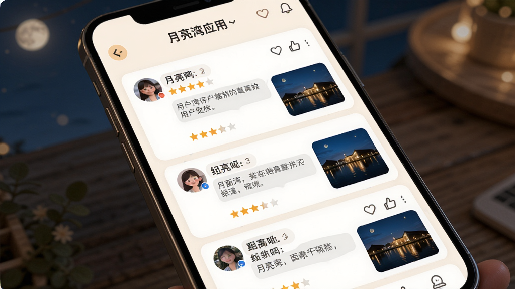 月亮湾应用内游客评价页面,主体为手机屏幕显示用户评论列表与评分星级,布局为纵向滚动卡片式排版,风格为温暖友好的社交界面设计,细节包括用户头像、评论文字、点赞图标与配图缩略图,画质高清、干净整洁