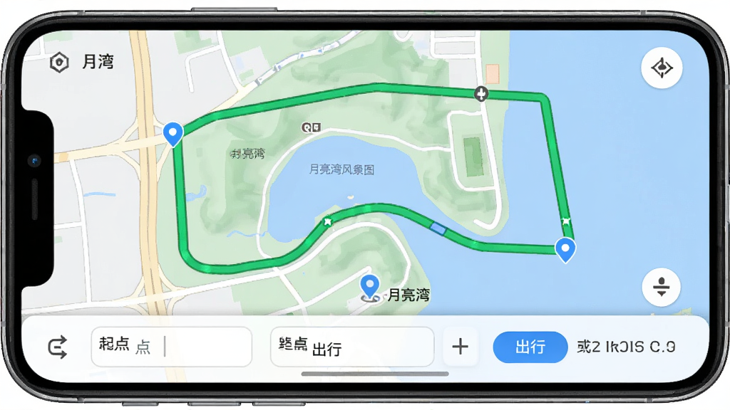 月亮湾应用中的地图导航界面,主体为手机屏幕显示月亮湾风景区地图与路线规划线条,布局为全屏地图叠加底部信息栏,排版展示起点终点输入框与出行方式切换按钮,风格为简洁实用的地图UI,细节包括绿色路线高亮、定位图标与距离时间提示,画质清晰、无杂乱元素