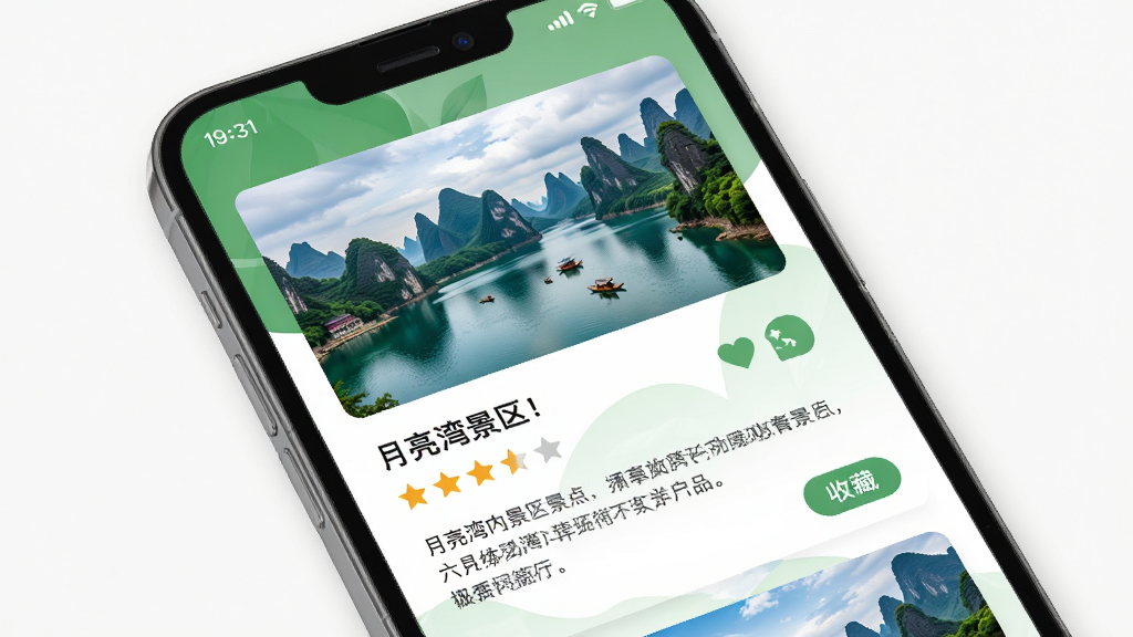 月亮湾应用内景点详情页面展示,主体为手机屏幕中显示的月亮湾景区介绍卡片,布局为上下滑动式列表,排版包含景点大图、名称、评分与简介文字,风格为清新自然的绿色调UI设计,细节有山水背景、星级评分图标与收藏按钮,画质高清、画面干净无多余元素