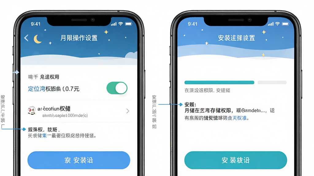 月亮湾应用安装与设置操作示意图,主体为手机屏幕显示权限设置页面与安装进度条,布局为左右分屏对比展示,风格为清晰明了的教程图解,细节包括定位权限开关、存储权限提示与安装按钮,画质高清、画面干净无多余装饰