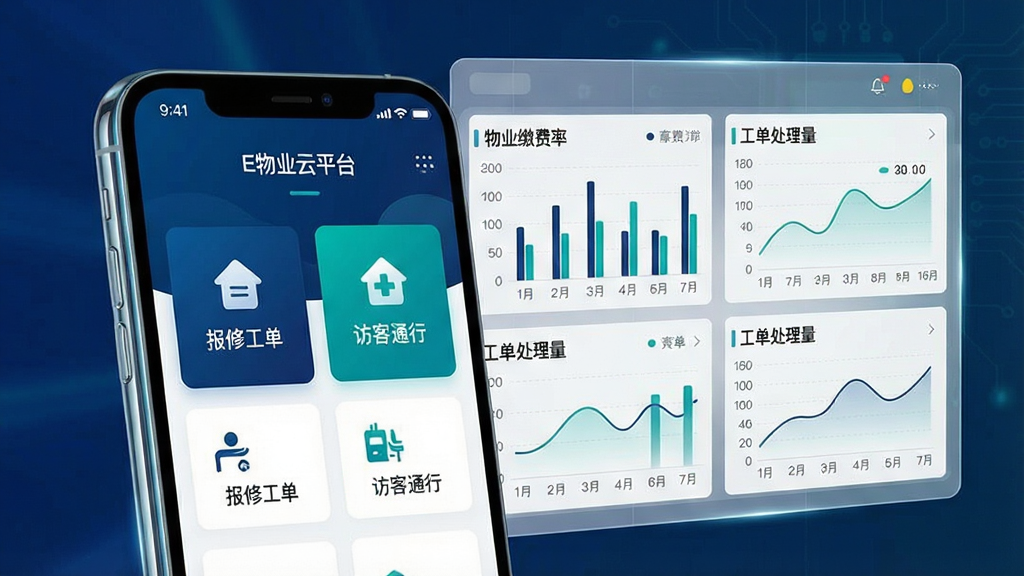 画面中央是一部智能手机,屏幕上显示着“E物业云平台”的应用程序主界面,界面中包含费用缴纳、报修工单、访客通行等卡片式功能入口。手机后方是一块半透明的悬浮数据看板,上面有柱状图和折线图展示物业缴费率与工单处理量。整体布局采用左右分栏,左侧为手机主体,右侧为数据图表。风格为现代科技商务风,配色以深蓝、青绿和白色为主。细节上,手机边缘带有轻微的反光质感,数据看板上有细小的网格线。画质清晰,干净,无多余元素。