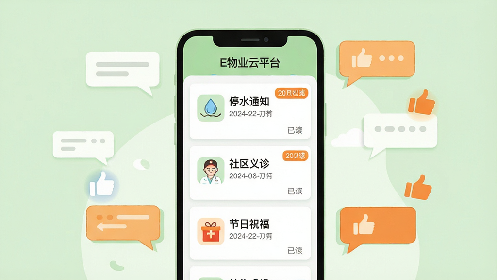 画面主体是一个手机屏幕,屏幕上显示着“E物业云平台”的社区公告列表,公告卡片上有“停水通知”“社区义诊”“节日祝福”等标题,每张卡片配有小图标。手机周围漂浮着几个对话气泡和点赞图标。布局为手机居中,气泡环绕四周。风格为清新扁平插画风,配色以浅绿、白色、橙色为主。细节上,公告卡片带有日期标签和已读标记。画质清晰,干净,无多余元素。