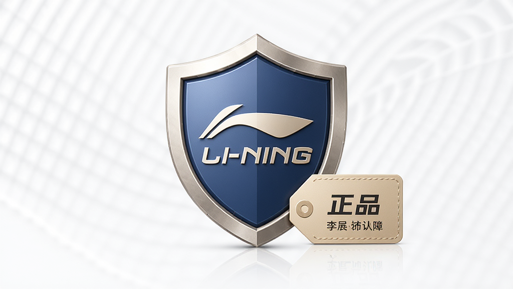 李宁APP正品保障功能展示图,画面主体是带有李宁LOGO的官方认证盾牌图标和正品商品标签,布局居中,风格简洁商务,细节精致,画质清晰,背景干净无多余元素。