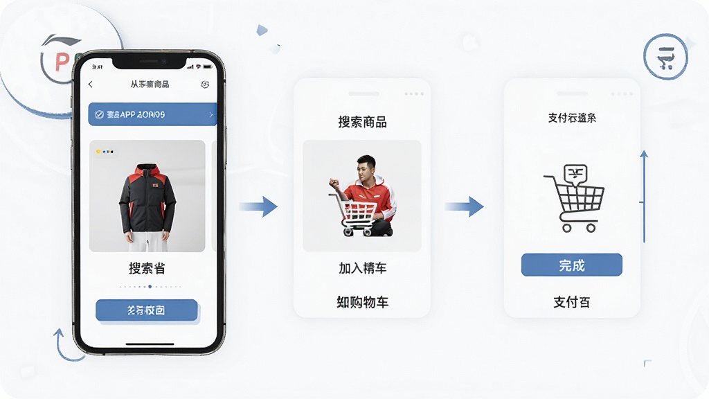 李宁APP操作界面使用教程示意图,画面展示手机屏幕上从搜索商品到加入购物车再到支付完成的流程步骤,布局清晰,风格简洁明快,细节到位,画质干净,无多余装饰元素。
