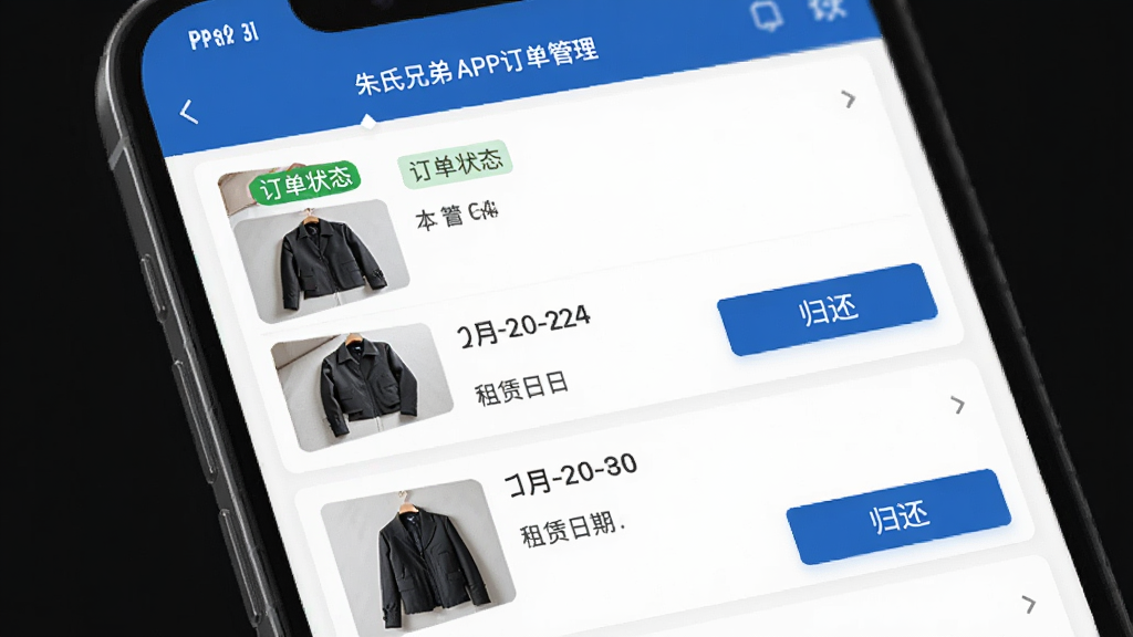 朱氏兄弟APP订单管理页面,手机屏幕显示租赁订单列表,包含订单状态标签、服饰缩略图、租赁日期和归还按钮。画面风格简洁商务,配色以蓝白为主,布局清晰,细节丰富,画质高清,干净无多余元素。