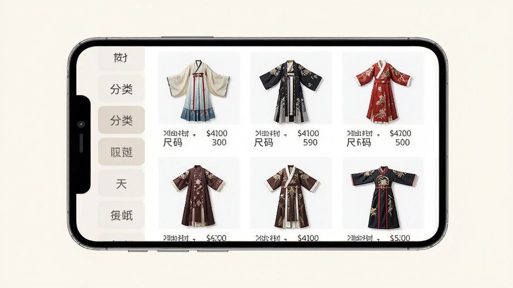 朱氏兄弟APP服装分类页面,画面展示手机屏幕中服装列表界面,左侧为分类标签栏,右侧为多件汉服和礼服缩略图,每件衣服下方标注租金和尺码信息。背景为浅色,风格清新素雅,布局整齐,画质清晰,干净无多余元素。