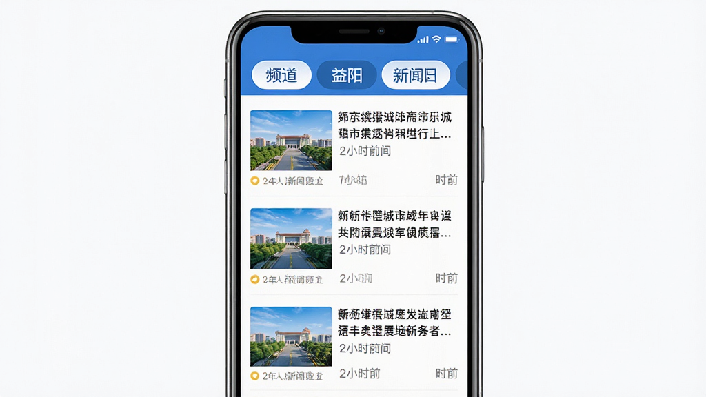 i益阳新闻资讯页面展示,手机屏幕竖版布局,画面中显示益阳城市新闻列表,包含标题、缩略图和发布时间,顶部有频道分类标签,风格简洁大方,蓝色点缀,高清画质,干净无多余元素