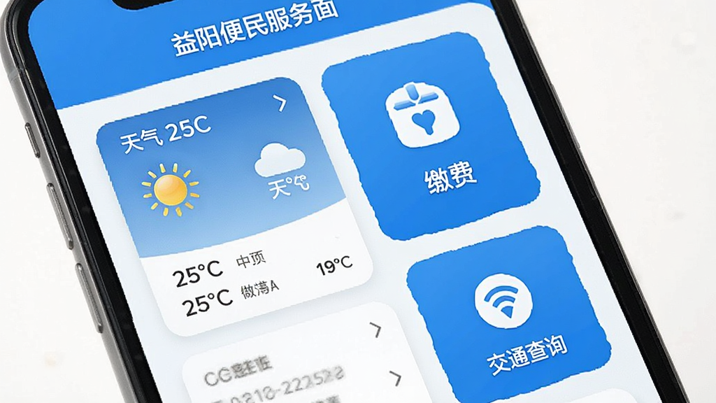 i益阳便民服务页面,手机屏幕竖版布局,画面展示天气预报卡片、缴费入口和交通查询图标,风格温馨实用,蓝白配色,高清画质,干净整洁