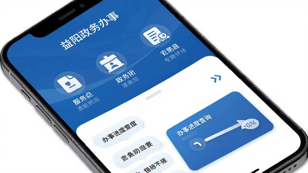 i益阳政务办事功能界面,手机屏幕竖版布局,画面展示服务分类图标和办事进度查询卡片,风格正式简洁,蓝色主调,高清画质,无多余元素