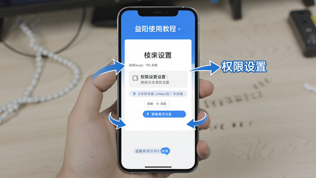 i益阳使用教程示意图,手机屏幕竖版布局,画面展示安装步骤和权限设置界面,包含箭头指引和文字说明,风格简洁明了,蓝色主调,高清画质,无多余元素