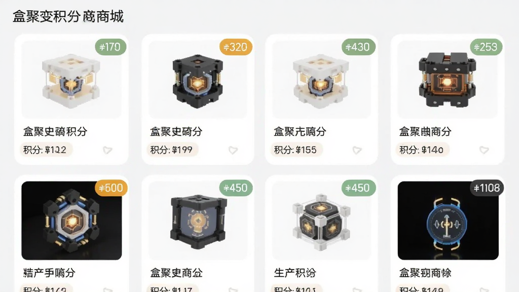 主体是盒聚变积分商城的商品陈列页面,布局为网格状商品卡片排列,排版上每个卡片包含商品图片、名称和积分价格,风格为清新浅色电商风格,细节包括圆角卡片、淡灰色背景、清晰的积分数字标签、无杂乱广告元素,画质为高清、干净、无多余元素