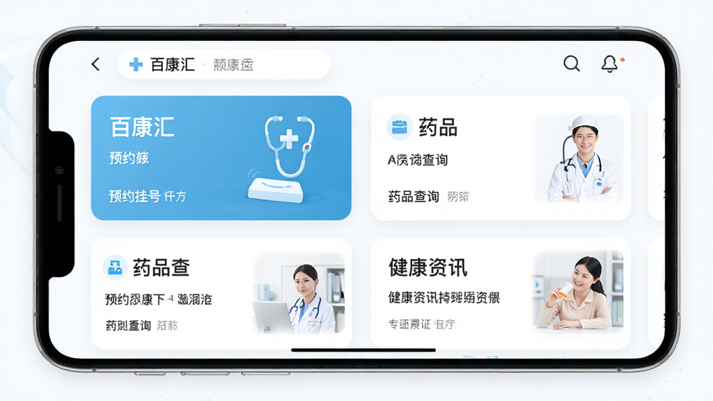 ����Ϊ���ٿ��㡱Ӧ����ҳ���棬����Ϊ��Ƭʽ����ģ��չʾ���Ű����룻���Ϊ��ˬҽ�Ʒ磻ϸ�ڰ���ԤԼ�Һſ�Ƭ��ҩƷ��ѯ��Ƭ��������Ѷ��Ƭ�����ʸ��壬�ɾ����޶���Ԫ��