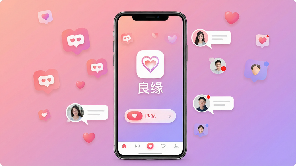 一张手机屏幕展示良缘软件主界面的图片,画面中央是良缘APP的LOGO和名称,背景是柔和的粉紫色渐变,周围环绕着心形图标和用户头像气泡,主体是手机界面,布局居中,排版简洁,风格温馨浪漫,细节包括匹配按钮、消息提示红点、底部导航栏,画质高清,干净,无多余元素