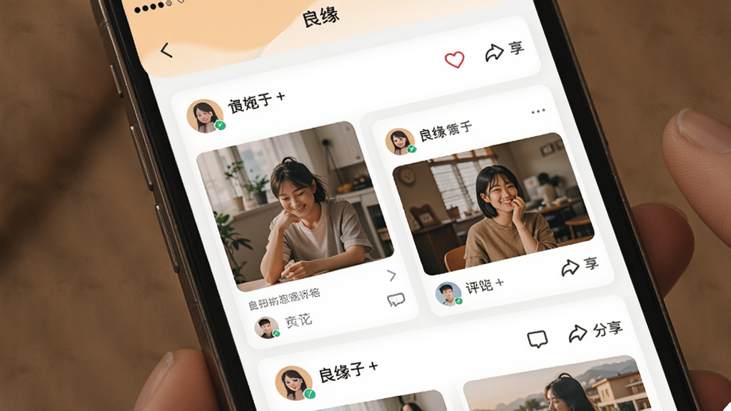 手机屏幕展示良缘软件的动态广场页面,画面主体是用户发布的图文动态卡片,布局为瀑布流,排版错落有致,风格温暖生活化,细节包括点赞爱心、评论气泡、分享图标、用户头像和昵称,画质高清,干净,无多余元素