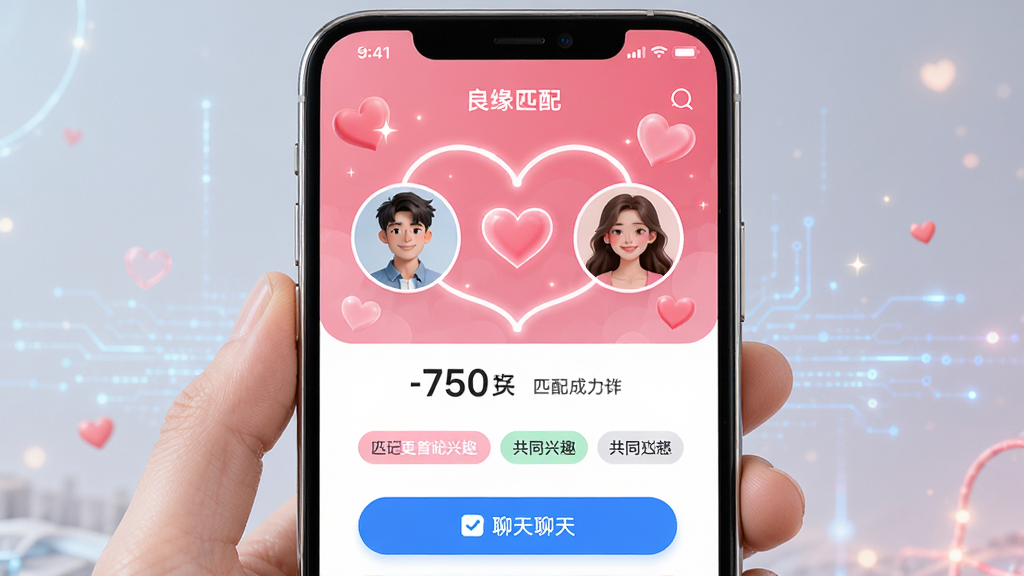 手机屏幕展示良缘软件的智能匹配界面,画面中央是两个用户头像通过心形线条连接,主体是匹配成功动画,布局左右对称,排版活泼,风格科技感与浪漫感结合,细节包括匹配百分比数字、共同兴趣标签、聊天入口按钮,画质高清,干净,无多余元素