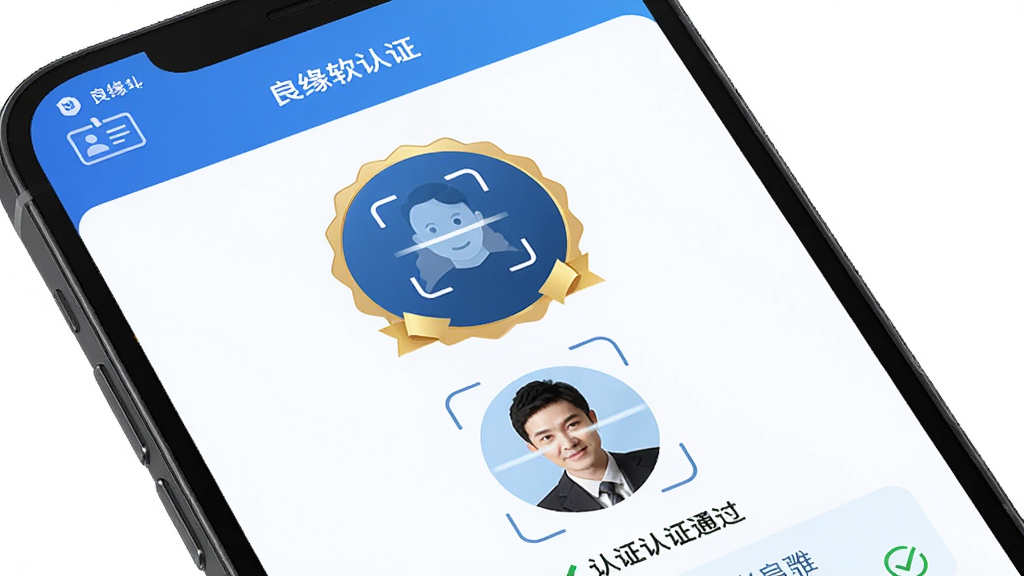 一部智能手机屏幕显示良缘软件的实名认证页面,画面主体是认证徽章和用户头像,布局以上下结构呈现,排版清晰,风格简约商务,细节包括身份证图标、人脸扫描框、认证通过的对勾标记,画质高清,干净,无多余元素