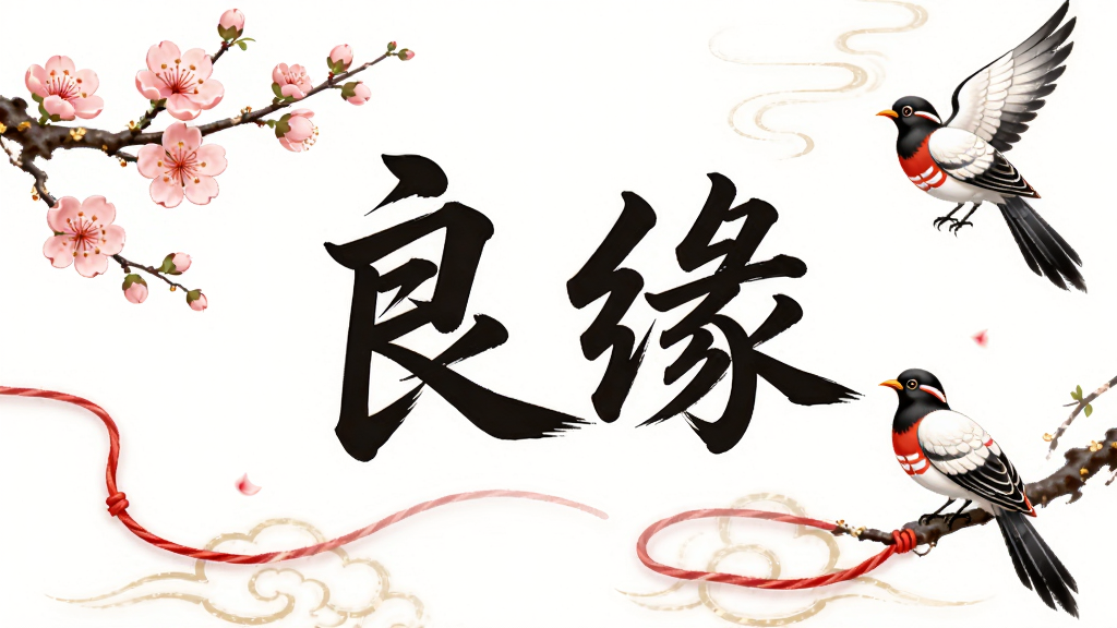一张展示良缘APP品牌理念的视觉图,画面主体是“良缘”二字以书法字体呈现,布局居中,排版简洁大气,风格中国风与现代感结合,细节包括桃花枝、红线、喜鹊等传统姻缘元素,画质高清,干净,无多余元素