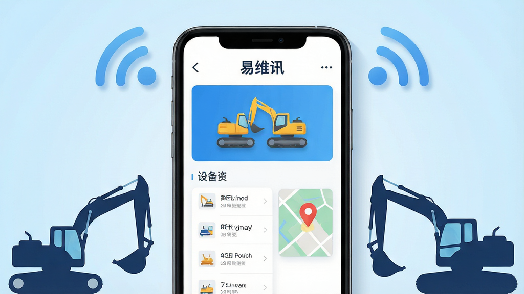 画面中央展示一部智能手机,手机屏幕上清晰显示“易维讯”APP的主界面,界面中包含挖掘机图标、设备列表和地图定位标记。手机周围环绕着工程机械设备剪影和无线信号波纹。背景为干净的浅蓝色渐变。风格为现代科技感扁平插画。细节包括清晰的UI元素和柔和的阴影。画质为4K超高清,干净明亮,无多余元素。