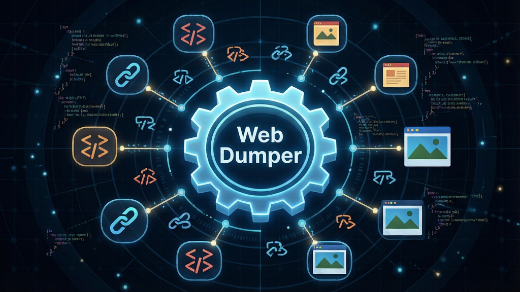 一张展示Web Dumper智能链接分析功能的生图,画面中心是一个发光的齿轮图标,齿轮内部显示