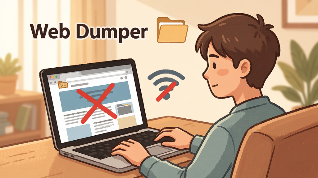 一张展示Web Dumper离线浏览功能的示意图,画面中一个人坐在沙发上用笔记本电脑浏览网页,电脑屏幕显示完整的网页内容,旁边有一个WiFi图标被划掉表示无需网络,人物周围漂浮着
