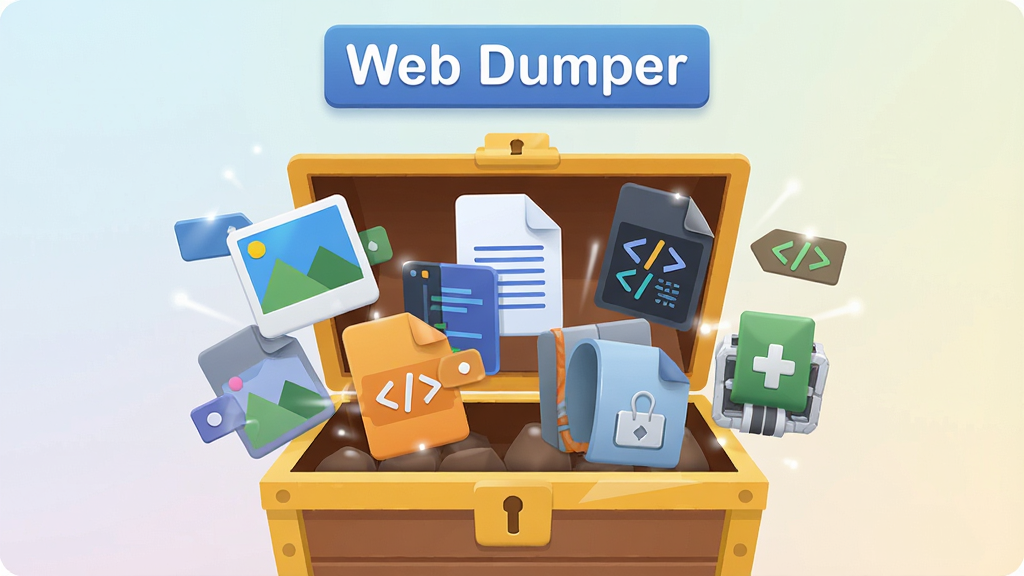 一张展示Web Dumper多格式资源支持功能的生图,画面是一个打开的宝箱,宝箱中飞出各种文件类型的图标,包括图片文件、文档文件、代码文件、压缩包等,每个图标都带有不同的颜色标识,宝箱上方悬浮着