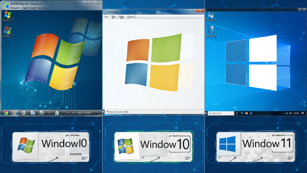 ��Ȼ������ϵͳ��ϵͳ����ʾ�⻭�棬����Ϊ��ͬWindows�汾���沢��չʾ�����ֺ������У��Ű����룬���Ϊ�Ƽ�����Ϣͼ�磬ϸ�ڰ���Win7��Win10��Win11��־�����뷨ͼ�꣬�����������ɾ����޶���Ԫ��