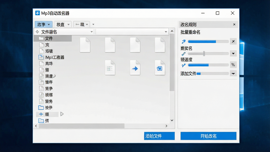 Mp3�Զ�����������������ȫò������Ϊ�������ھ��в��֣����Ϊ�ļ��б������Ҳ�Ϊ��������������壬�ײ��п�ʼ������ť���Ű��������룬���Ϊ�ִ���ԼWindows�����������棬ϸ�ڰ�����ɫ������ť����ɫ�������ļ�ͼ�ꡢ����������������ʾ���֡�Mp3�Զ������������������������������ļ��������������ɾ��޶���Ԫ��