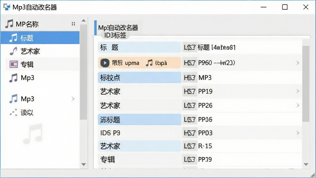 Mp3�Զ�������ID3��ǩ��ȡ����ʾ��ͼ������Ϊ����������չʾMP3�ļ��ı�ǩ��Ϣ��壬����Ϊ���ҷ���������ļ����Ҳ��Ǳ�ǩ���飬�Ű����������Ϊ�������磬ϸ�ڰ�����ǩ�ֶθ���������ͼ�ꡢ��Ϣ��Ƭ����������ʾ���֡�Mp3�Զ�����������ID3��ǩ�������⡱�������ҡ���ר���������������ɾ��޶���Ԫ��