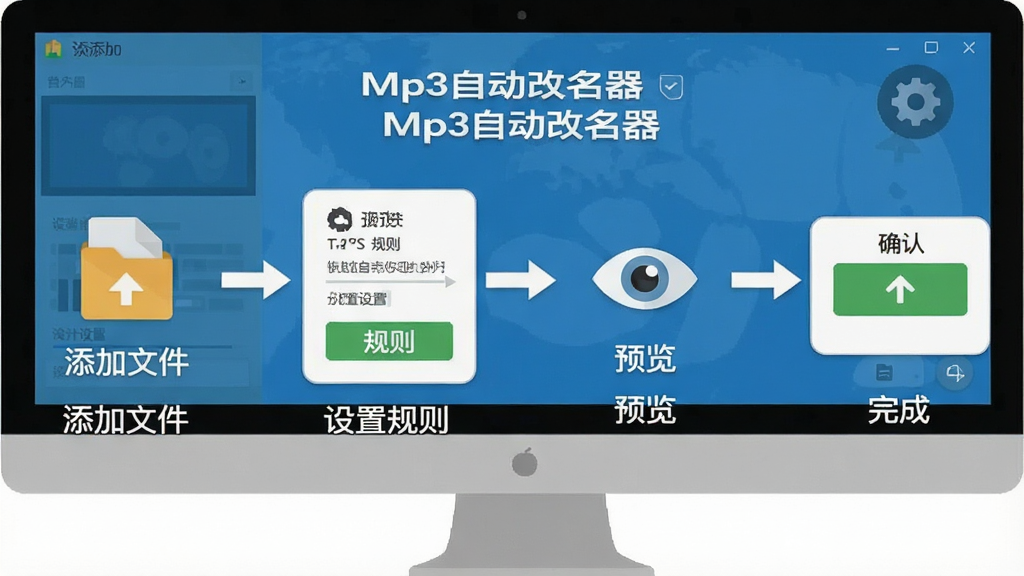 Mp3�Զ����������ֲ�������ͼ������Ϊ������Ļչʾ�����������裬����Ϊ�Ĳ�����ͼ�������У��Ű�����ֱ�ۣ����Ϊ��ƽ���̳̲�ͼ��ϸ�ڰ��������ļ�ͼ�ꡢ�������ó��֡�Ԥ���۾�ͼ�ꡢȷ�ϰ�ť����������ʾ���֡�Mp3�Զ����������������ļ��������ù��򡱡�Ԥ��������ɡ������������ɾ��޶���Ԫ��