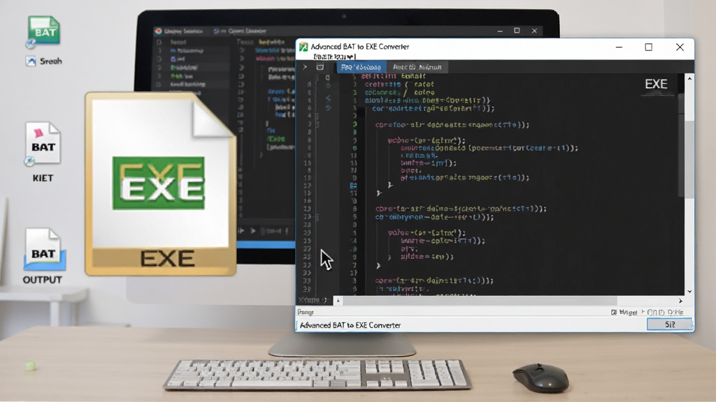 Advanced BAT to EXE Converter��������ͼ������Ϊ������Ļ���������н��������ɵ�EXE�ļ�ͼ�꣬����Ϊ���滷�����������ڲ��棬�Ű���Ȼ�����Ϊ�칫����������ϸ�ڰ������ָ�롢BAT�ļ�ͼ�ꡢEXE����ļ����༭���д�������������������ɾ����޶���Ԫ��