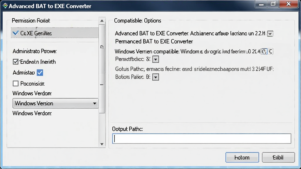 Advanced BAT to EXE Converter����������ý��棬����ΪȨ���������ѡ����壬����Ϊ���ѡ���б����Ҳ�˵�����֣��Ű����������Ϊ�������߷��ϸ�ڰ�������ԱȨ�޹�ѡ��Windows�汾���������˵������·������򣬻����������ɾ����޶���Ԫ��