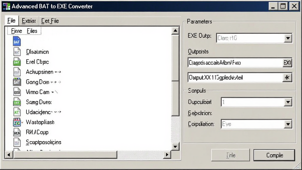 ��������չʾ������ΪAdvanced BAT to EXE Converter�����ڣ�����Ϊ����ļ��б����Ҳ����������壬�Ű���þ���WindowsӦ�ó����񣬷����רҵ��ϸ�ڰ���BAT�ļ�ͼ�ꡢEXE���·��ѡ��򡢱��밴ť�������������ɾ����޶���Ԫ��